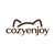 The logo for 'cozyenjoy' is displayed on a solid white background. The logo features a dark brown stylized cat silhouette arching over the brand name, which is written in a matching dark brown lowercase serif font.