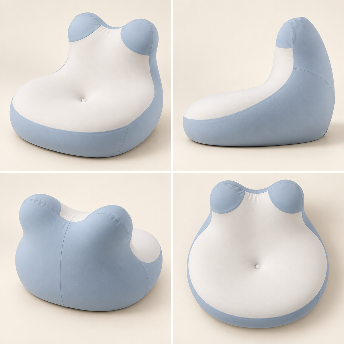 Blue and white CozyEnjoy Scroll Pillow shown from front, side, rear and top views