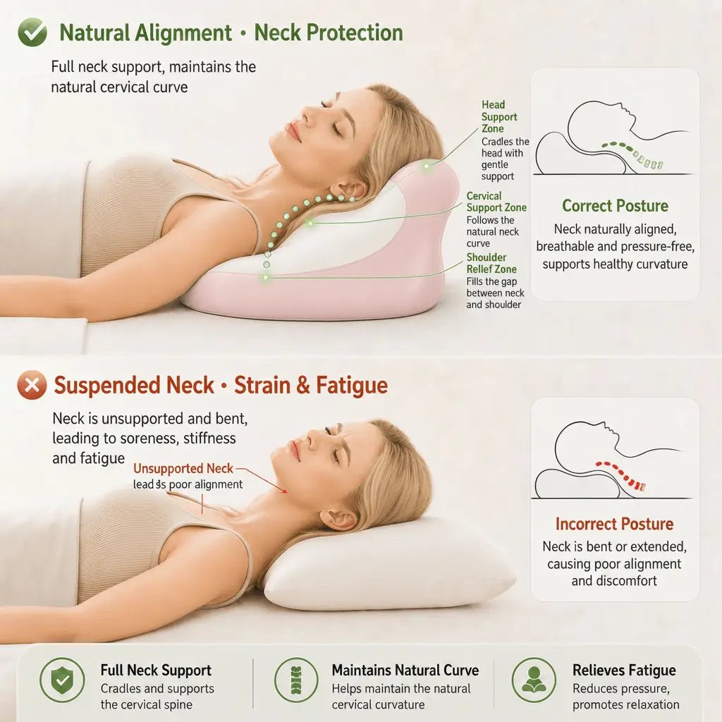 An infographic comparing natural neck support with an unsupported suspended neck, featuring diagrams and illustrations of a woman lying down on a curved pillow versus a flat pillow, with text explaining neck alignment and benefits.