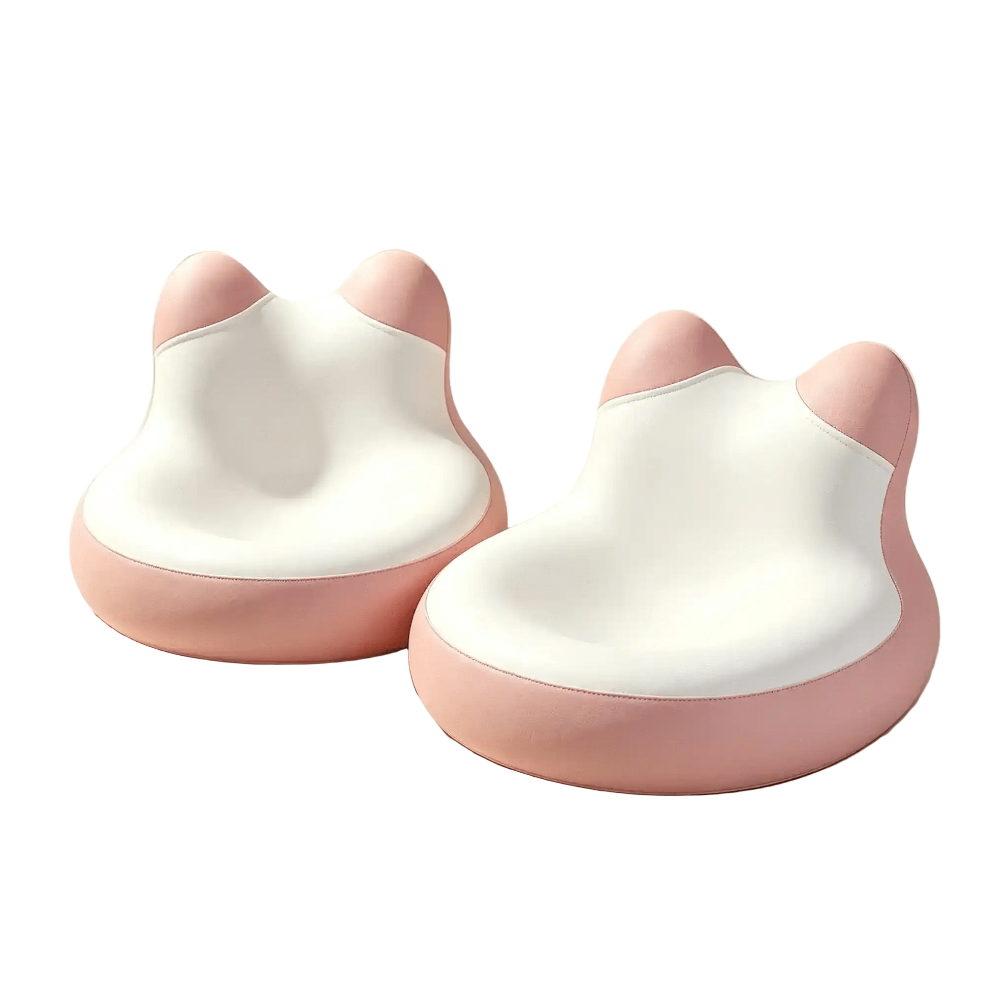 Two ergonomic pillows shaped like cats with alternating light pink and white colors are displayed against a plain white background.