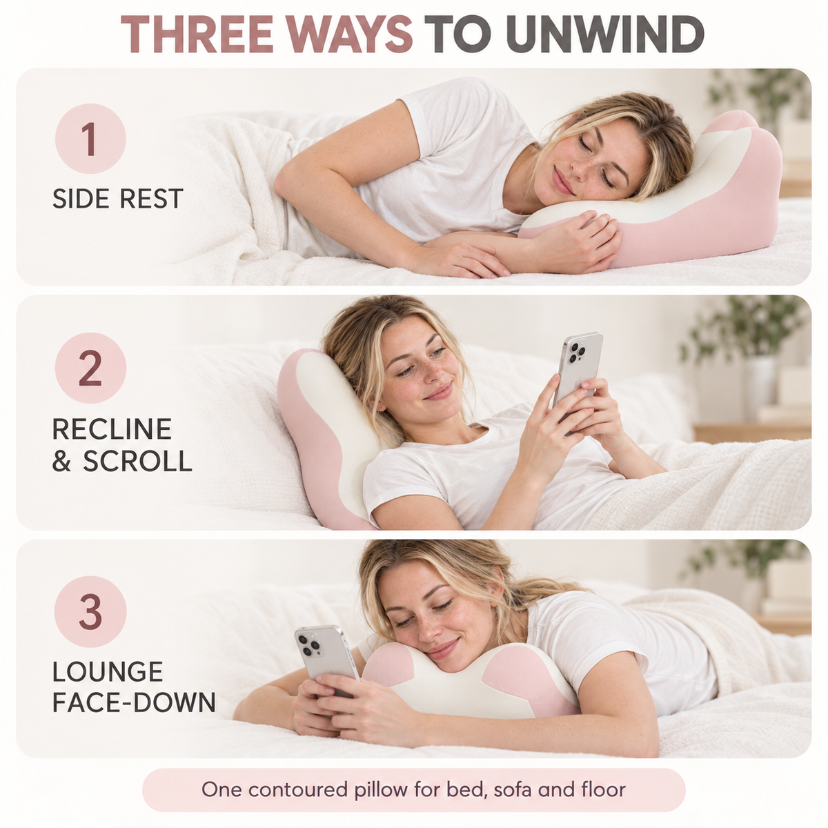 Three ways to use the CozyEnjoy memory foam lounge pillow: side rest, reclining scroll, and face-down lounging